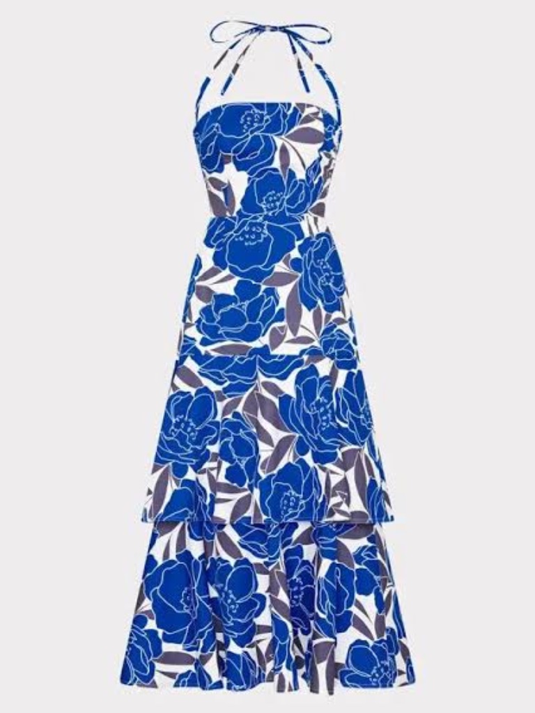 Milly Camellia Floral Linen Dress Blue Multi Size 8 Nwt $475 Retail